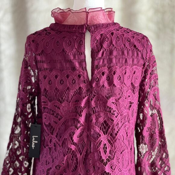 NWT Lulus Burgundy Maroon Lace Mini Dress Chiffon Ruffle & Collar Detail Size‎ S - Picture 9 of 12